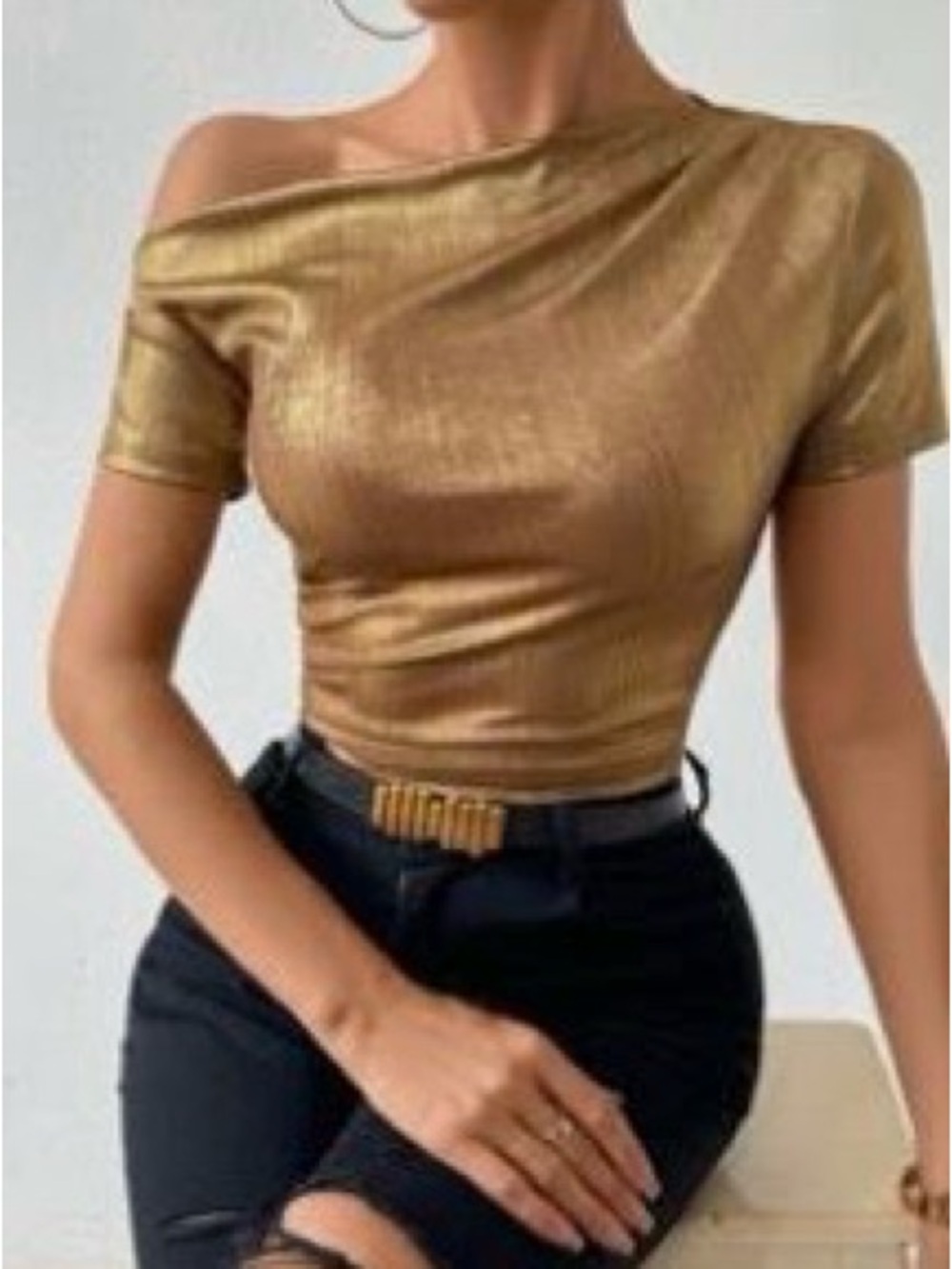 SHEIN Metallic Gold Off-Shoulder Crop Top